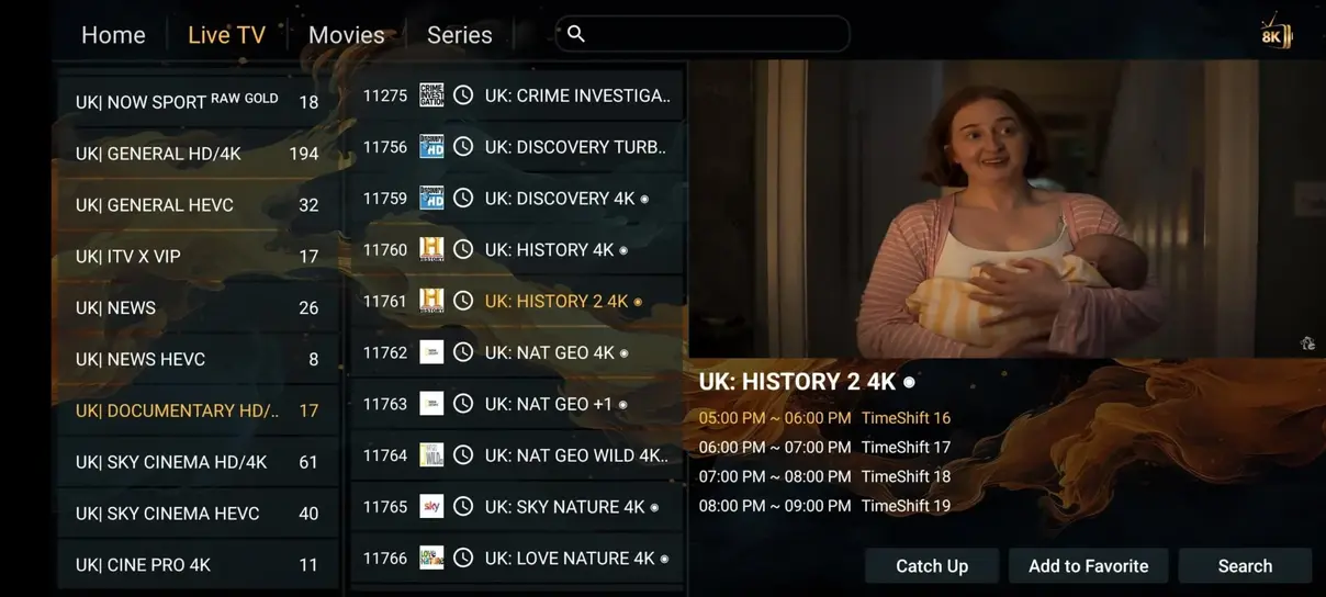 Nixon IPTV live sports and channel zapping dashboard interface